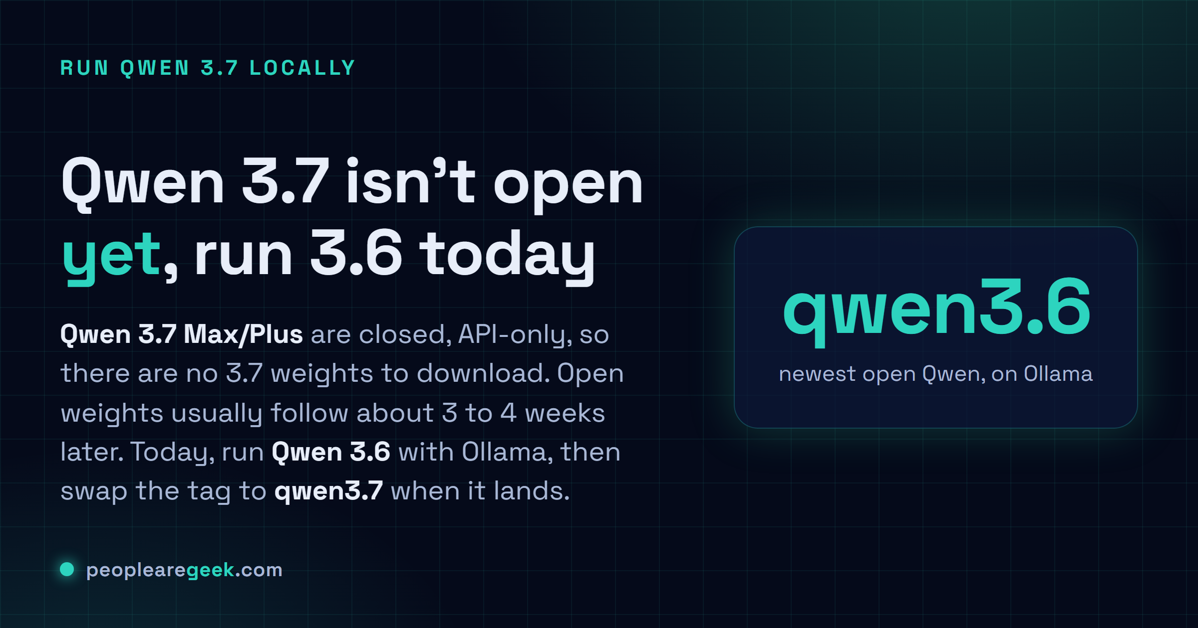 Carte de réponse : les poids ouverts de Qwen 3.7 ne sont pas encore sortis, donc on fait tourner le Qwen ouvert le plus récent (3.6) avec Ollama, on choisit une taille selon la VRAM, on utilise la quantification Q4_K_M, et on change le tag en qwen3.7 quand ses poids ouverts arrivent.