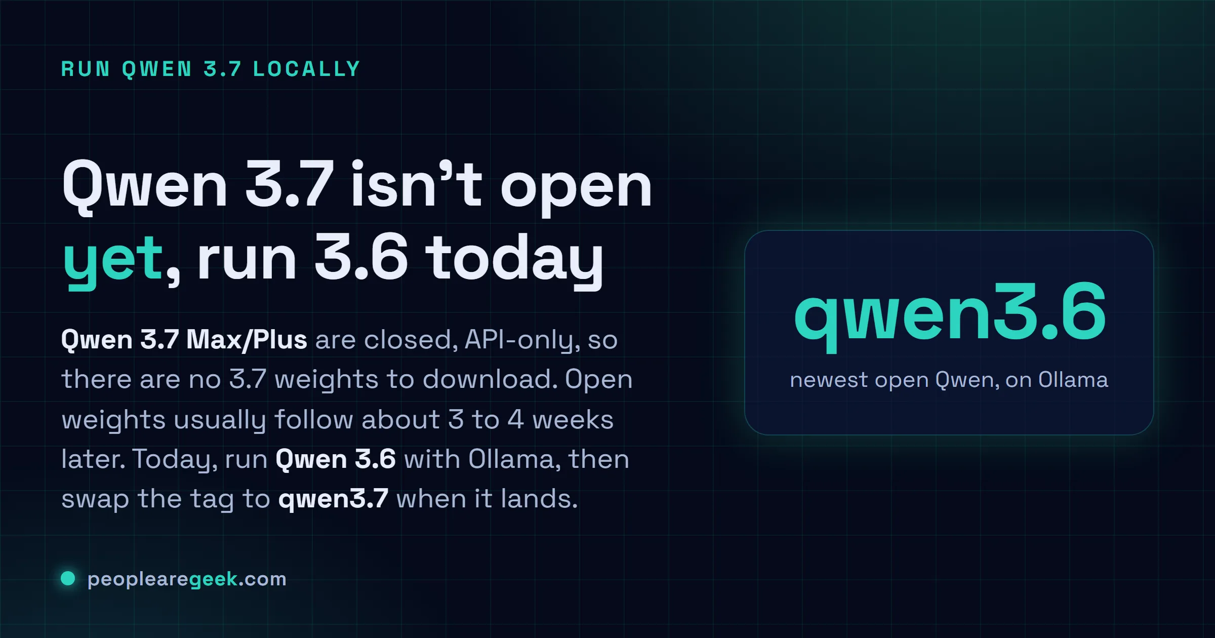 Answer card: Qwen 3.7 open weights are not out yet, so run the newest open Qwen 3.6 with Ollama today using ollama run qwen3.6, pick a size for your VRAM, and swap the tag to qwen3.7 when the open weights arrive.