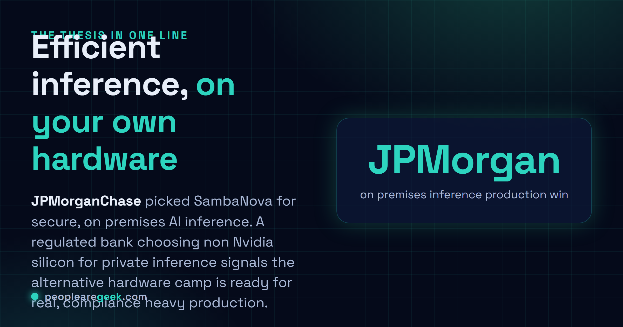 Answer card summarizing the SambaNova thesis: dedicated inference systems, on premises and private cloud focus, and a JPMorgan production win as proof that alternative silicon is ready for regulated workloads.
