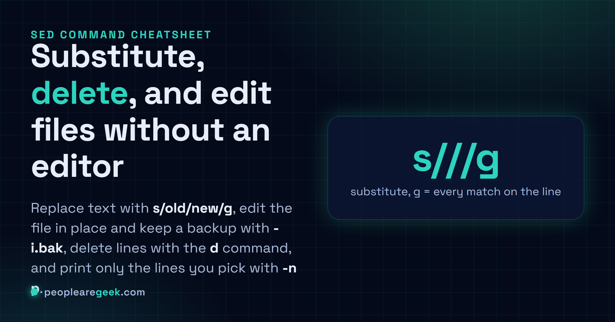 Answer card: substitute with s slash old slash new slash g, edit in place with -i and a .bak backup, delete lines with the d command, and print specific lines with -n and p.