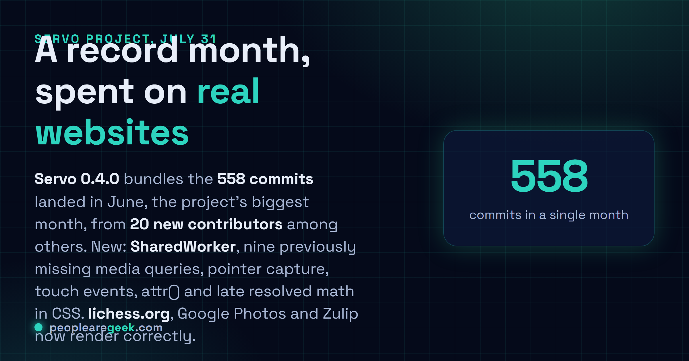 Answer card: Servo 0.4.0 was released on July thirty first 2026 with a record 558 commits and 20 new contributors, adding SharedWorker, nine media queries, pointer capture and touch events, with lichess.org, Google Photos and Zulip now rendering correctly.