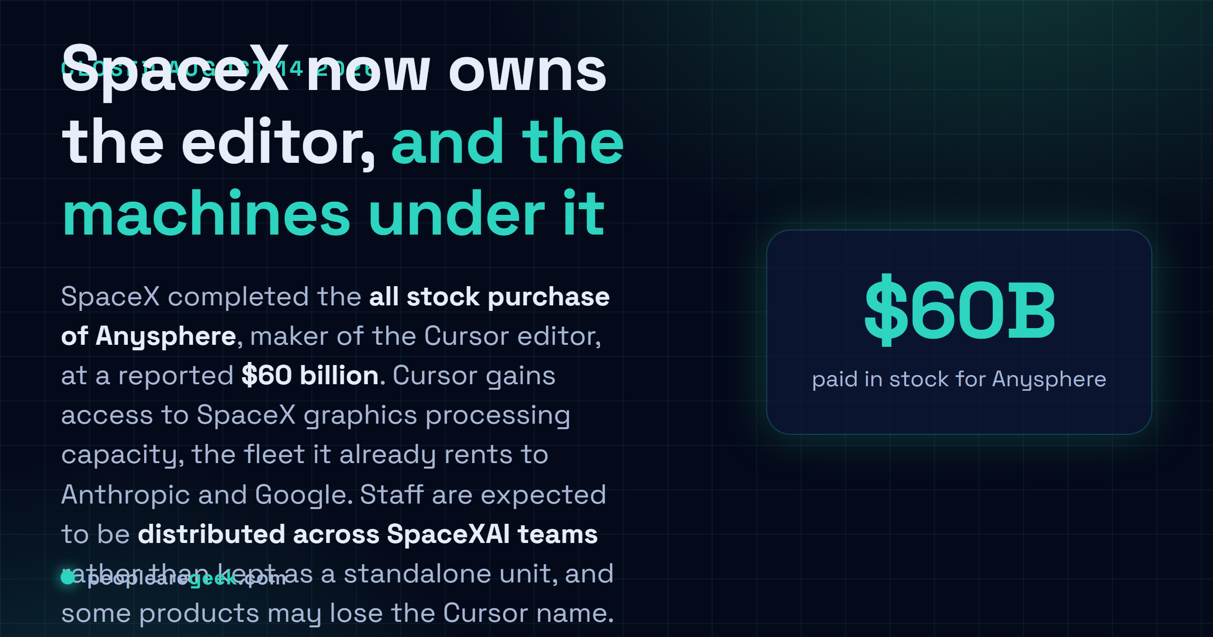 Answer card: SpaceX closed its sixty billion dollar all stock acquisition of Anysphere, the maker of Cursor, on August 14, 2026, giving the editor access to SpaceX GPU capacity while its staff are distributed across SpaceXAI teams rather than kept as a standalone unit.