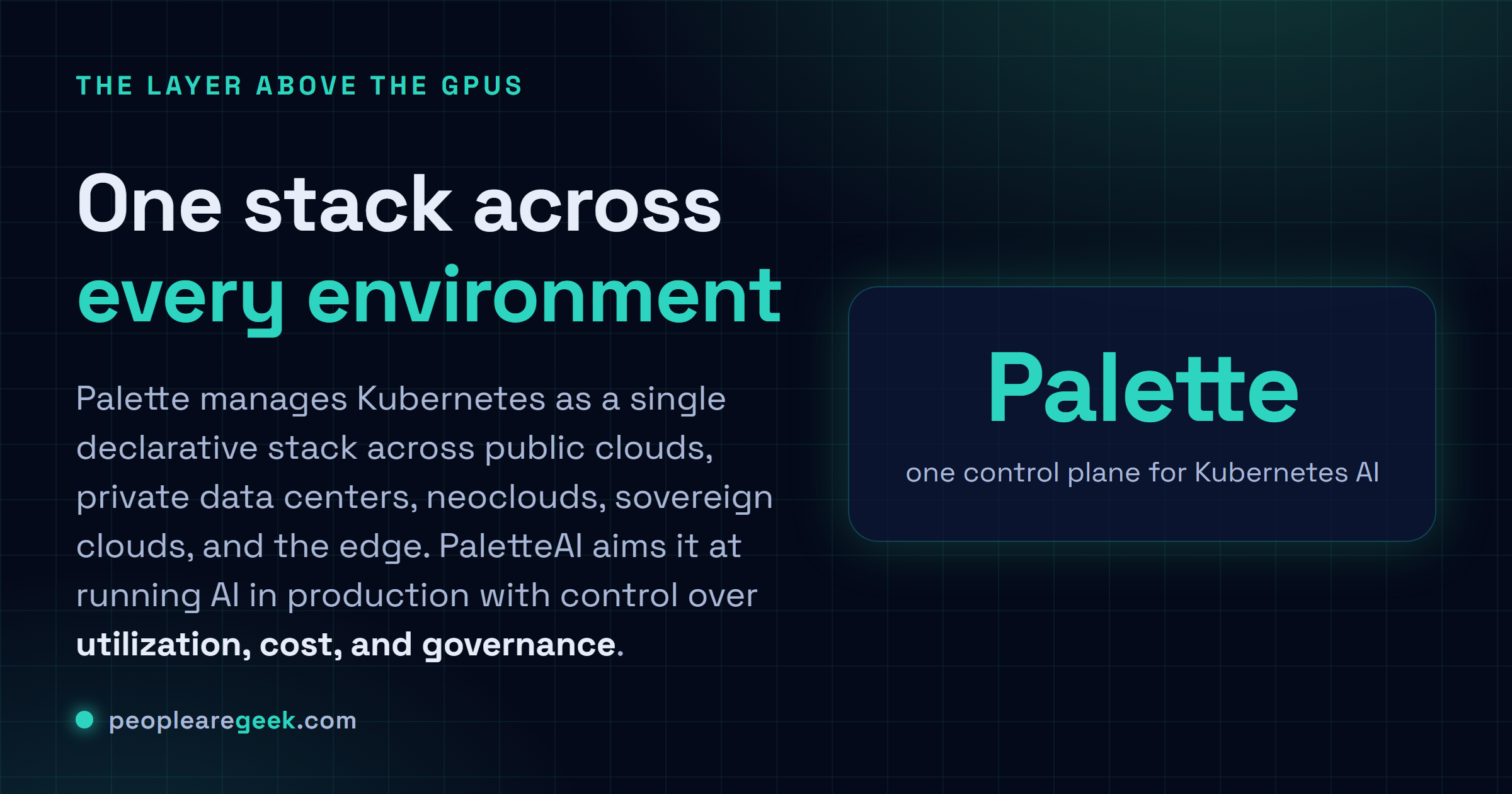 Carte reponse expliquant le probleme que Palette adresse : gerer Kubernetes et l'infrastructure GPU de facon coherente sur le cloud public, les data centers prives, les neoclouds, les clouds souverains et la peripherie, avec un controle de l'utilisation, du cout et de la gouvernance.
