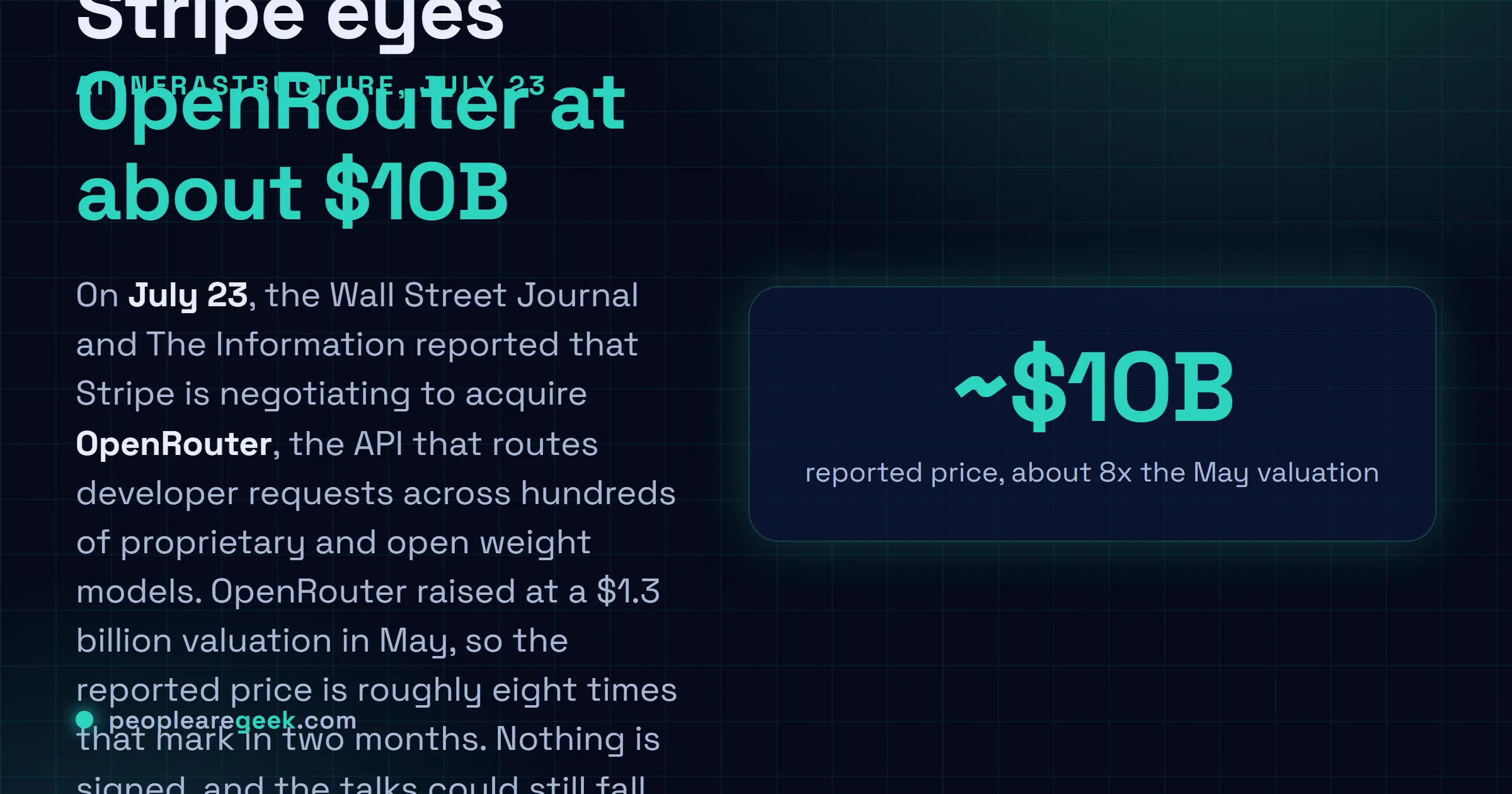 Answer card: on July twenty third, reports said Stripe is in talks to acquire OpenRouter for close to 10 billion dollars, about eight times the 1.3 billion dollar valuation OpenRouter set in May, with no deal signed and talks that could still fall apart.