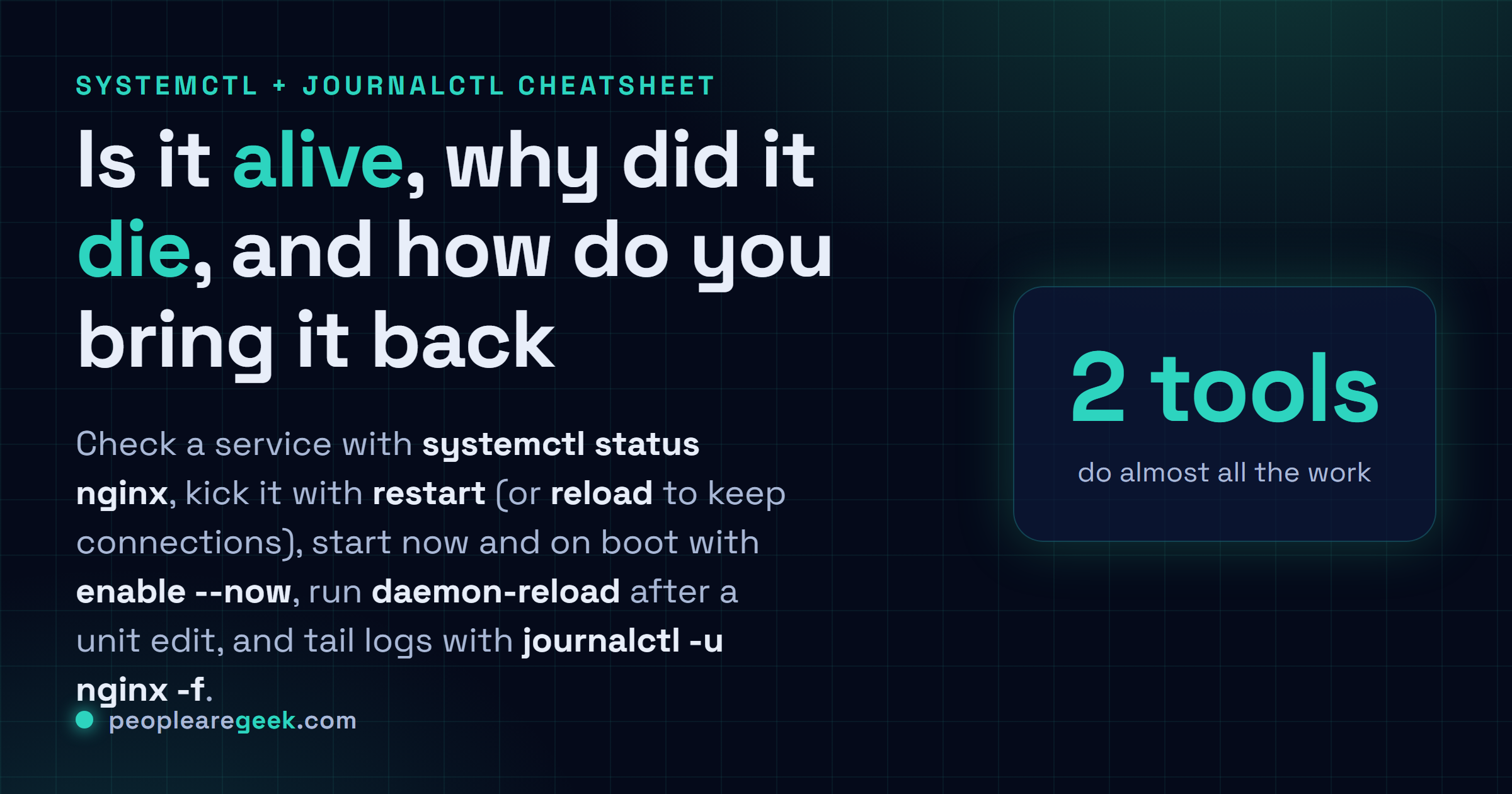 Fiche réponse : systemctl status pour vérifier un service, restart et reload, enable --now pour démarrer maintenant et au boot, daemon-reload après avoir édité un unit, et journalctl -u NAME -f pour suivre les logs en direct.