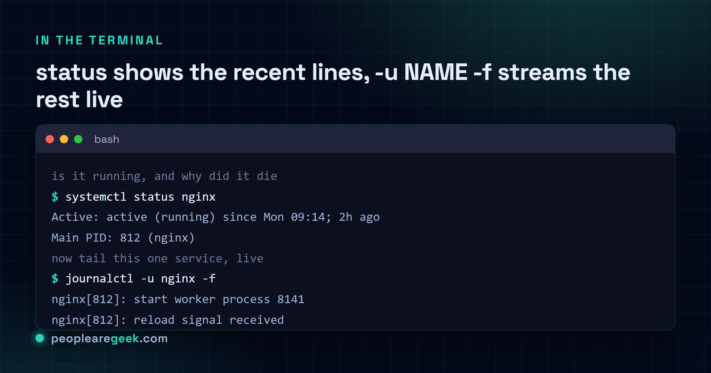 Terminal montrant systemctl status qui rapporte un service nginx comme actif, suivi de journalctl -u nginx -f qui suit le log du service en direct à mesure que de nouvelles lignes arrivent.