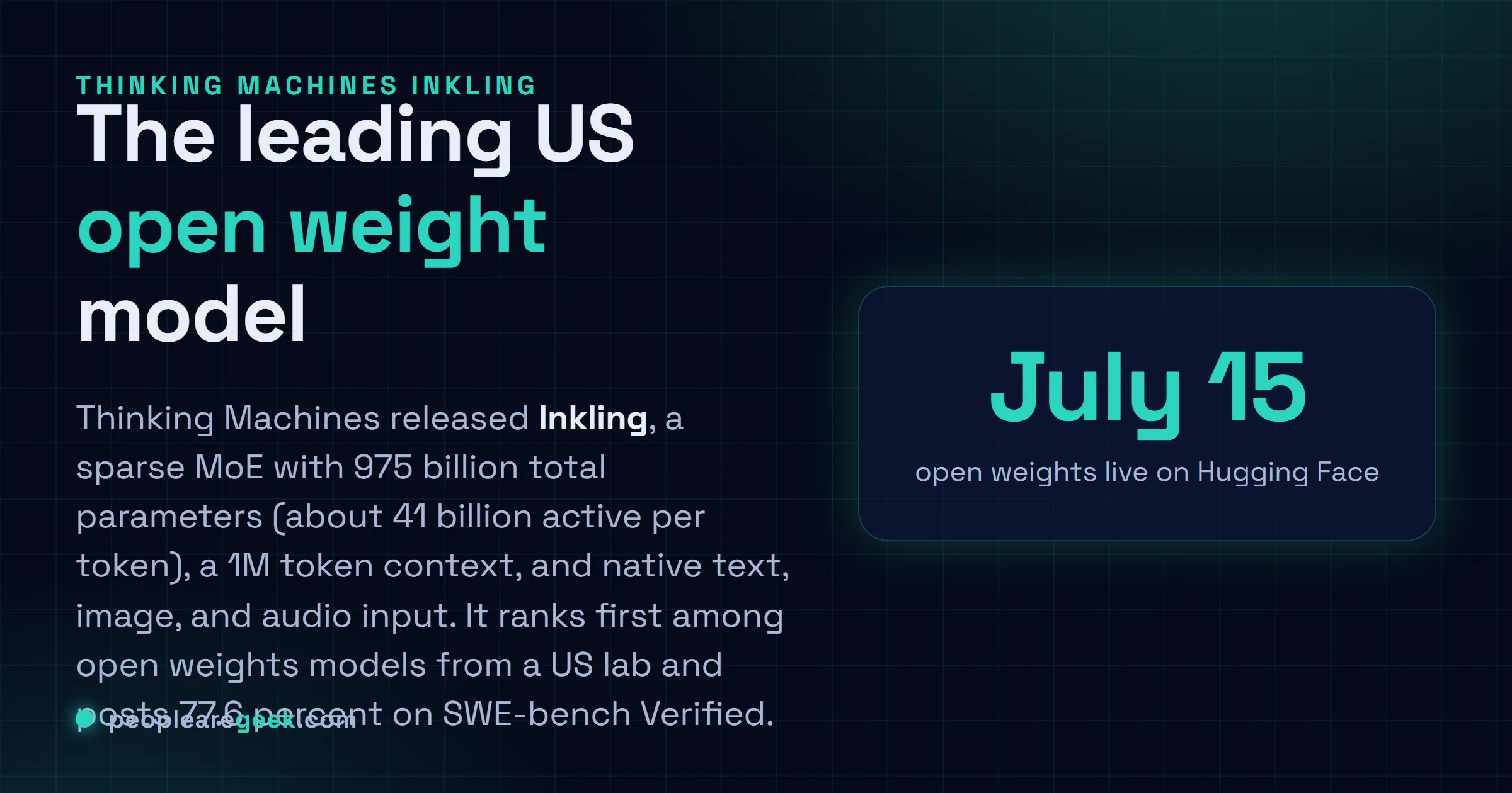 Answer card: Thinking Machines released Inkling, a 975 billion parameter open weight mixture of experts model with 41 billion active parameters, a 1 million token context, and open weights on Hugging Face.