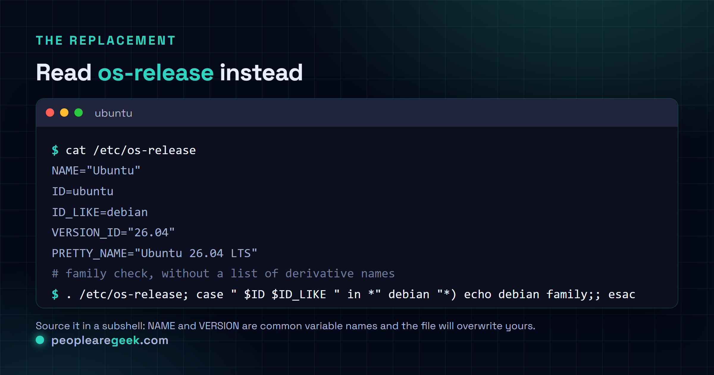 Terminal montrant le contenu de /etc/os-release sur un système Ubuntu, avec les champs NAME, ID, ID_LIKE contenant debian, VERSION_ID et PRETTY_NAME, suivis d'un extrait de shell qui source le fichier et affiche l'identifiant et la version.