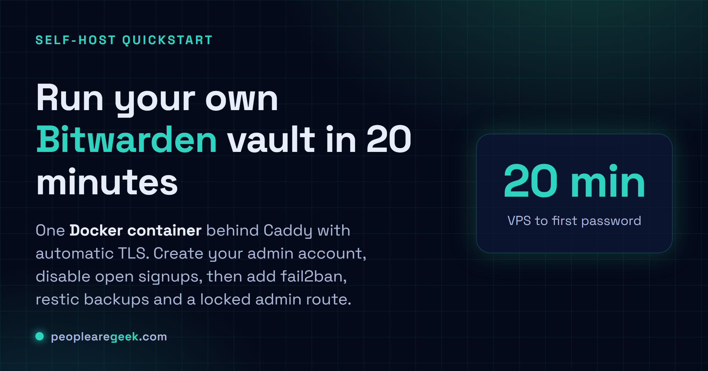 Answer card: one Docker container behind Caddy with automatic TLS, first admin signup, signups disabled, then fail2ban, restic backups and a fenced admin route.