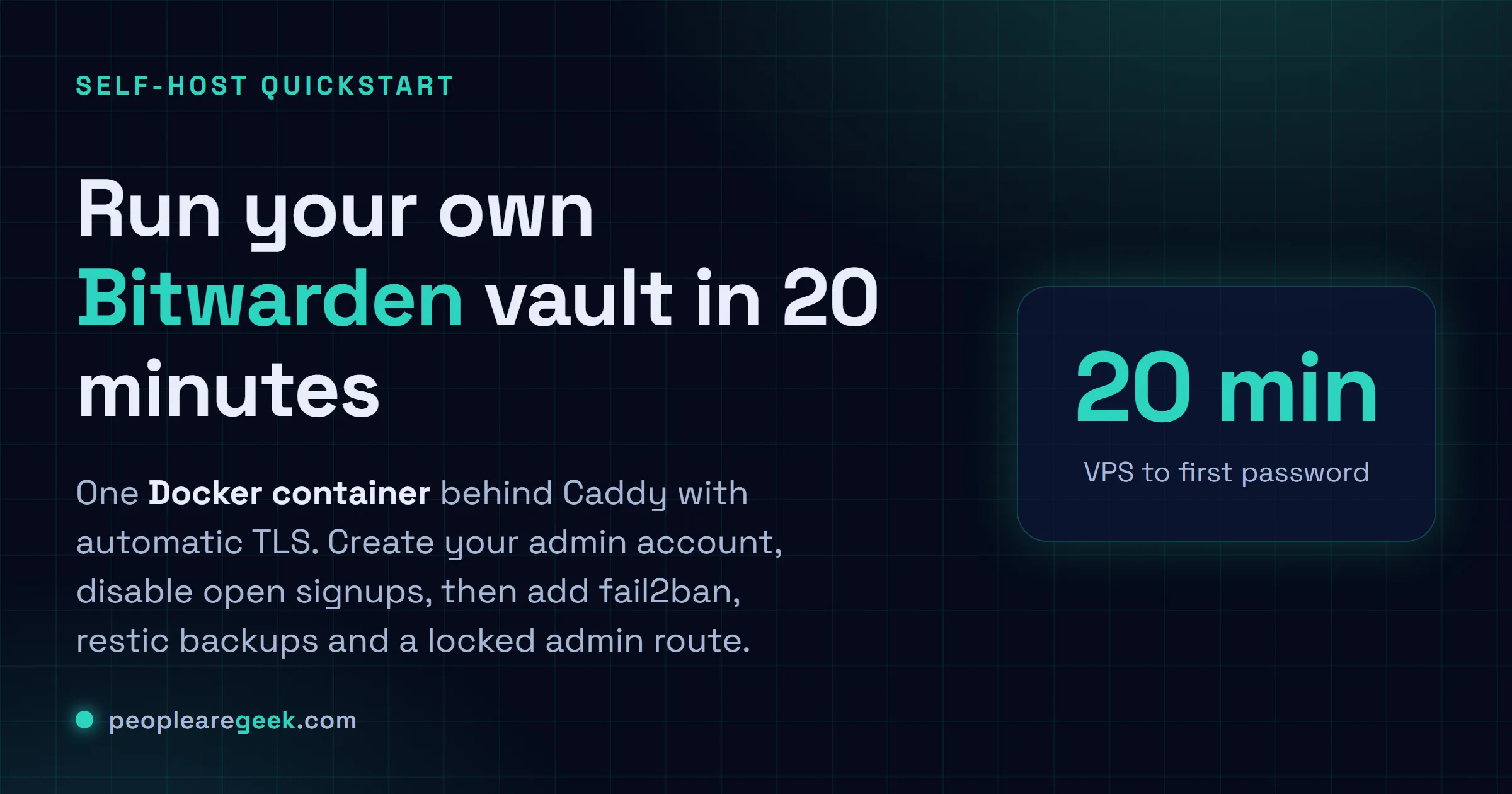 Answer card for self-hosting Vaultwarden: one Docker container behind Caddy with automatic TLS, first admin signup, signups disabled, then fail2ban, restic backups and a locked admin route.