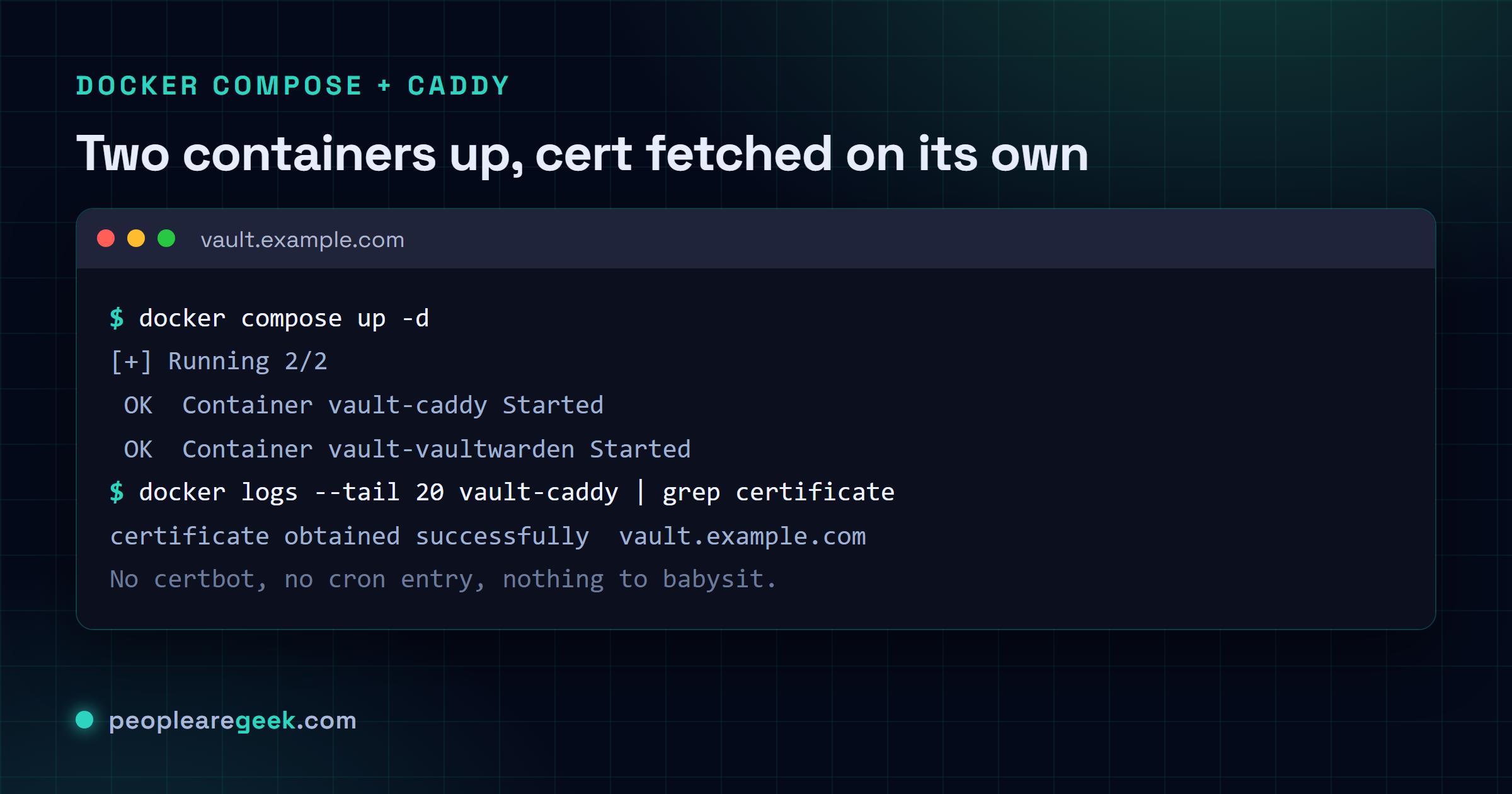 Terminal showing docker compose up bringing two containers online, then a grep on the Caddy logs confirming a Let's Encrypt certificate was obtained for vault.example.com.