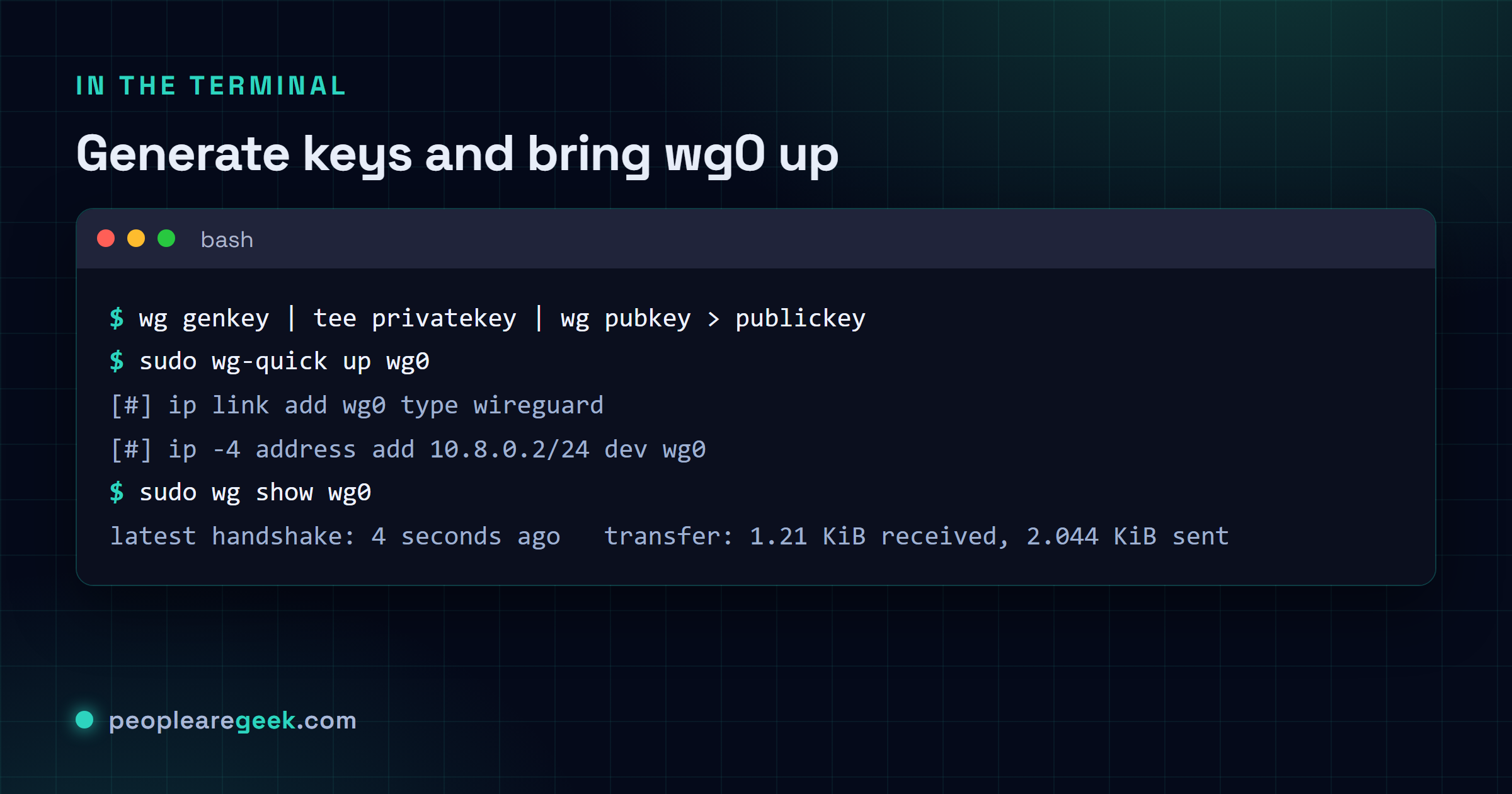 Terminal generating a WireGuard Curve25519 key pair with wg genkey, then bringing the interface up with wg-quick up wg0 and checking it with wg show.