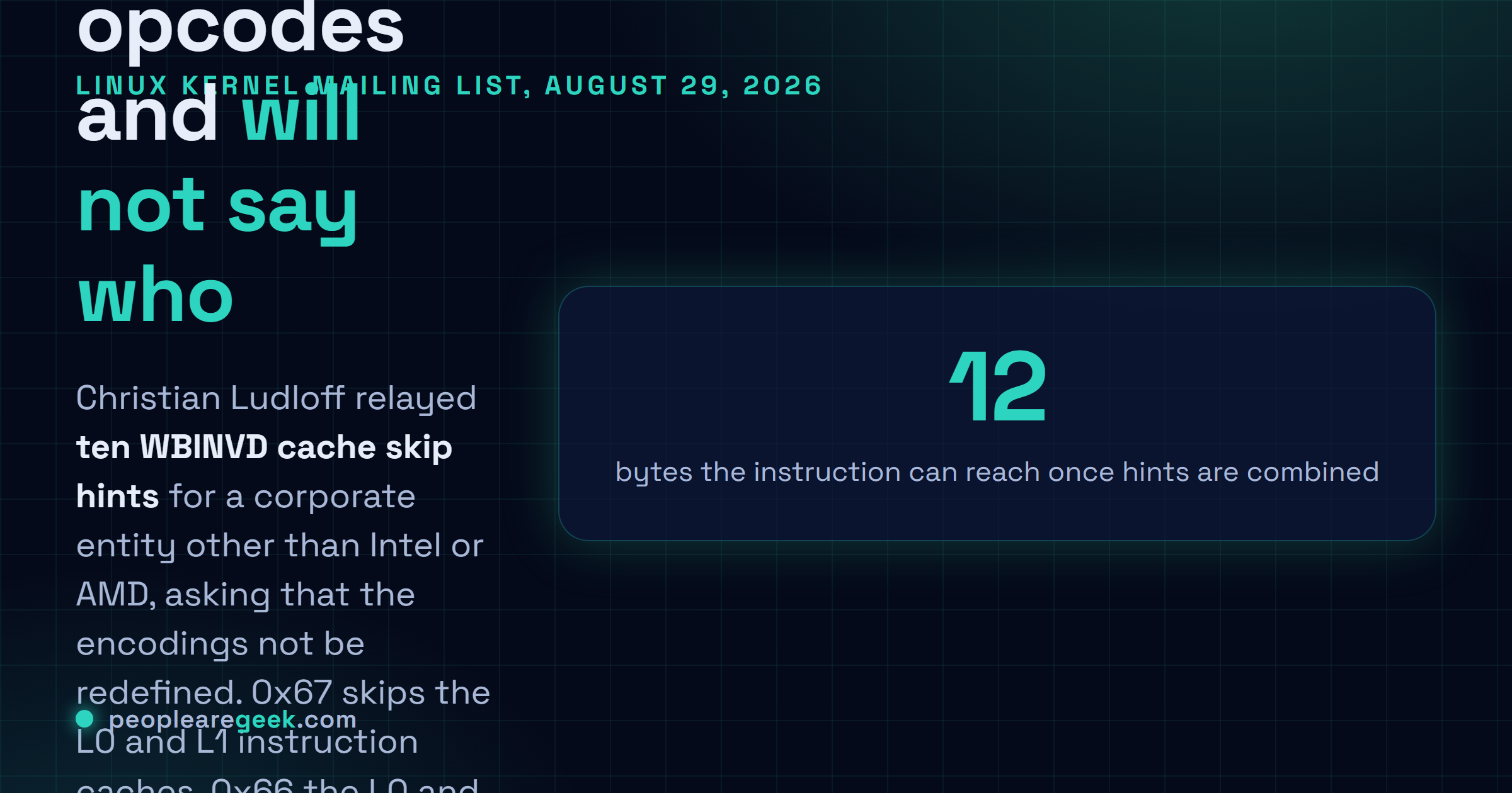 Answer card explaining the August 2026 x86 disclosure: new WBINVD skip hints posted to the Linux kernel mailing list on behalf of an unnamed processor vendor that is neither Intel nor AMD.