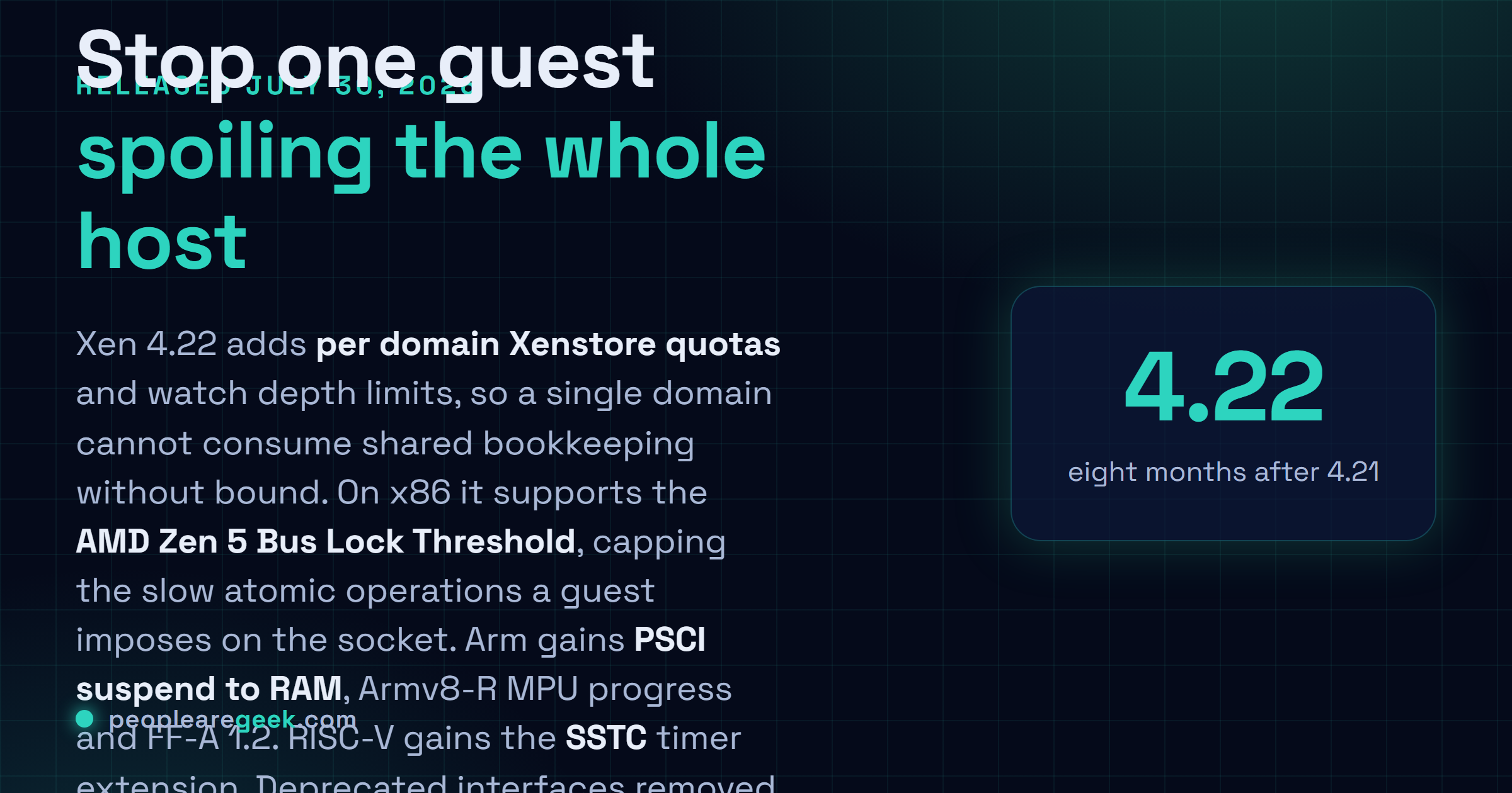 Answer card: Xen 4.22 released July 30, 2026 with per domain Xenstore quotas and watch depth limits, AMD Zen 5 Bus Lock Threshold support on x86, PSCI guest suspend to RAM and FF-A 1.2 on Arm, and the SSTC timer extension on RISC-V.
