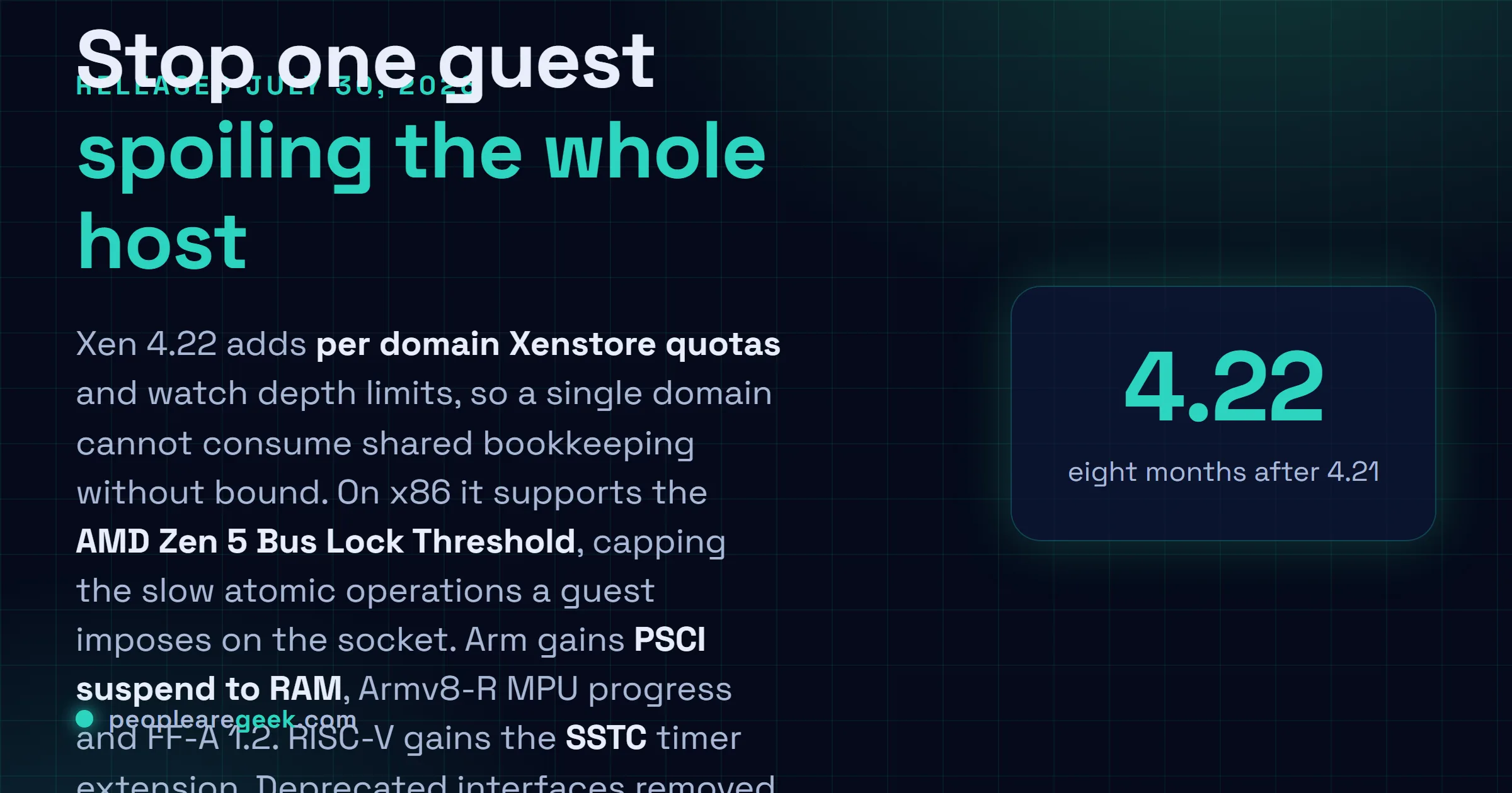 Answer card: Xen 4.22 released July 30, 2026 with per domain Xenstore quotas and watch depth limits, AMD Zen 5 Bus Lock Threshold support on x86, PSCI guest suspend to RAM and FF-A 1.2 on Arm, and the SSTC timer extension on RISC-V.