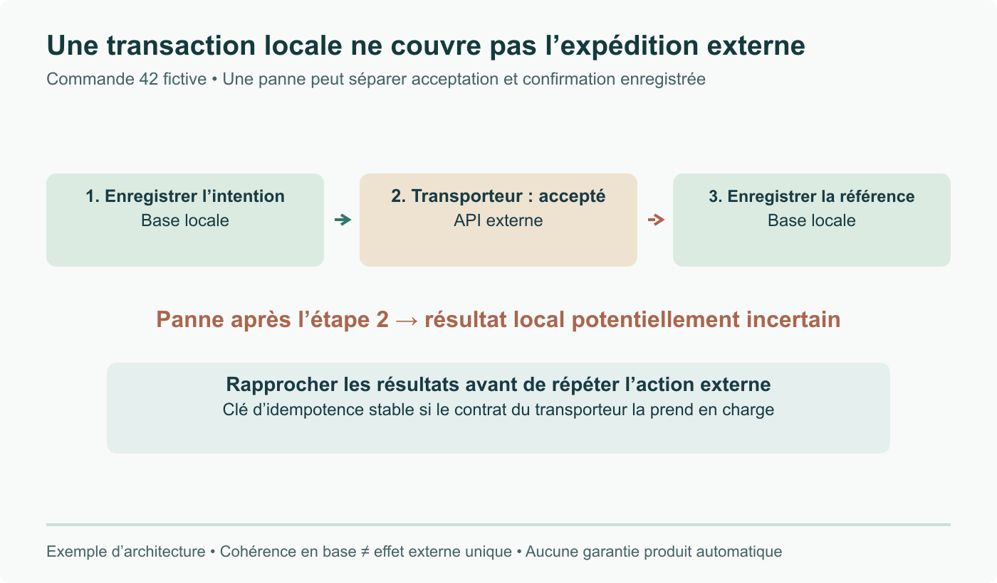 Expédition fictive : intention locale, acceptation du transporteur externe, confirmation locale. Une panne entre acceptation et confirmation laisse un résultat incertain ; rapprochement et contrat d’idempotence doivent guider la reprise. Pas une garantie produit Databricks.