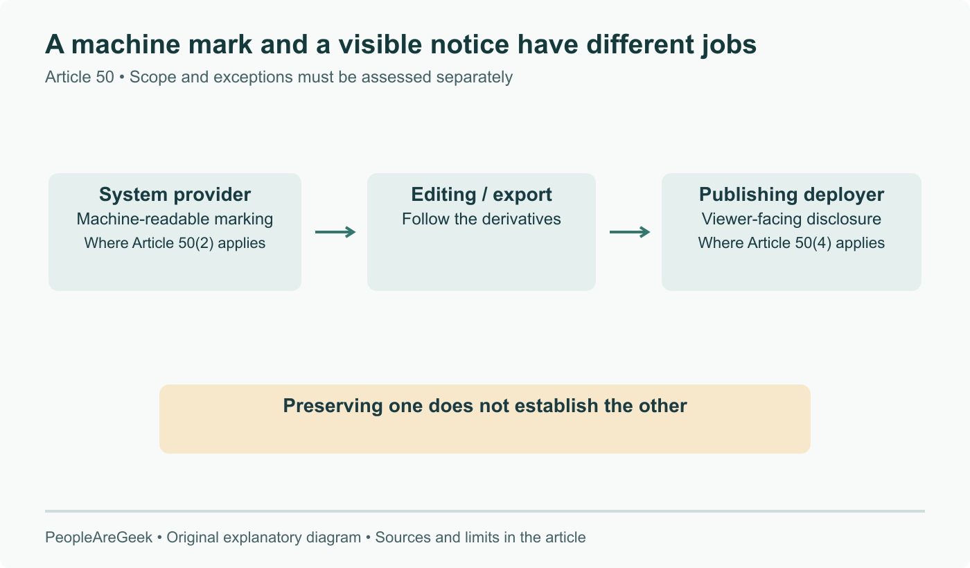 Article 50 publishing handoffs distinguish a provider’s machine-readable marking from a deployer’s visible disclosure where applicable. Exceptions, actors and the limited transition require separate assessment; this is not a legal compliance certificate.