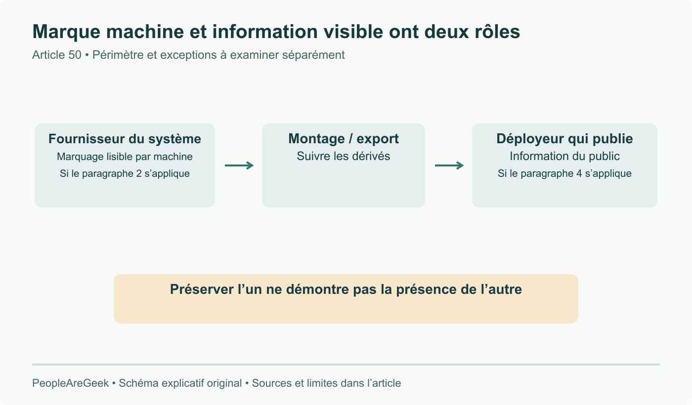 L’article 50 distingue marquage machine du fournisseur et information visible du déployeur lorsque requise. Acteurs, exceptions et transition limitée s’examinent séparément. Ce schéma ne certifie pas la conformité.
