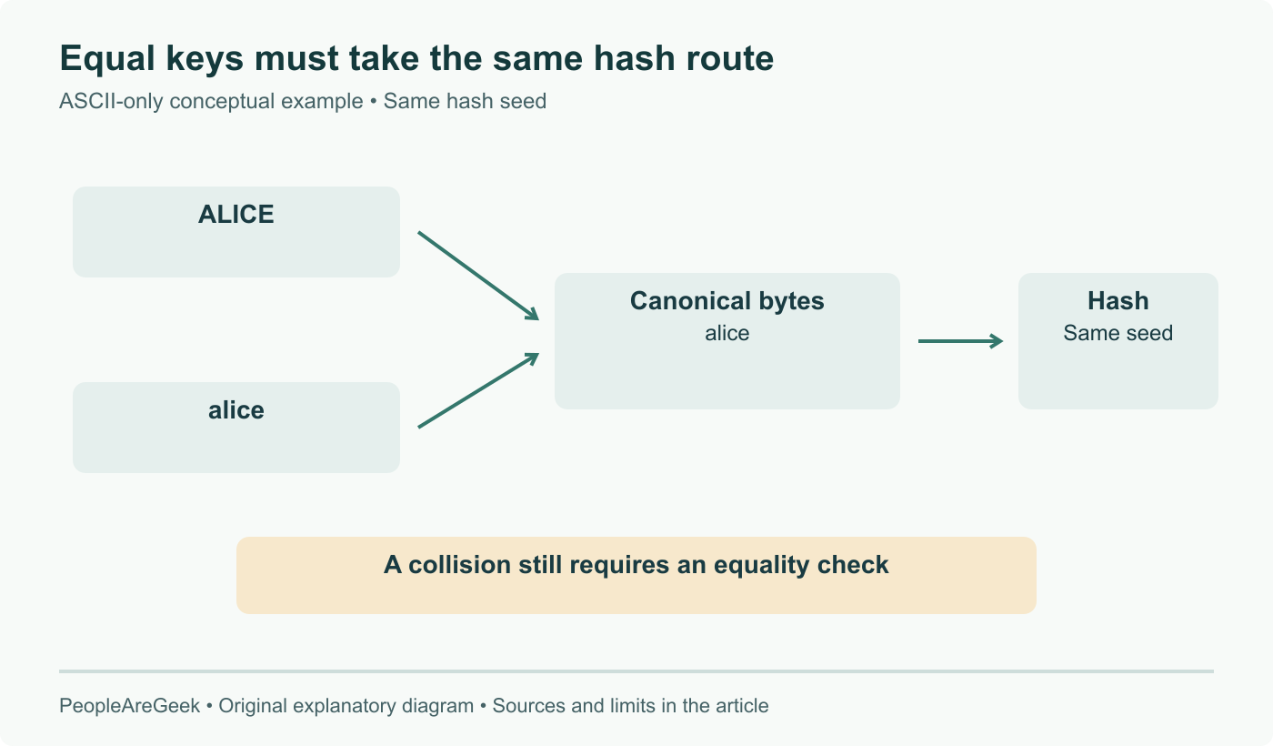 ASCII-only equality example: ALICE and alice normalize to the same bytes before consistent hashing and comparison. Equal values need matching hashes for the same seed; matching hashes alone do not prove equality.