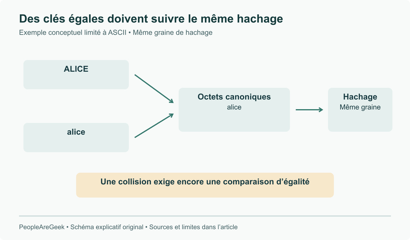 Exemple d’égalité ASCII : ALICE et alice deviennent les mêmes octets avant hachage et comparaison cohérents. Valeurs égales : hachages identiques avec la même graine. L’inverse ne prouve pas l’égalité.