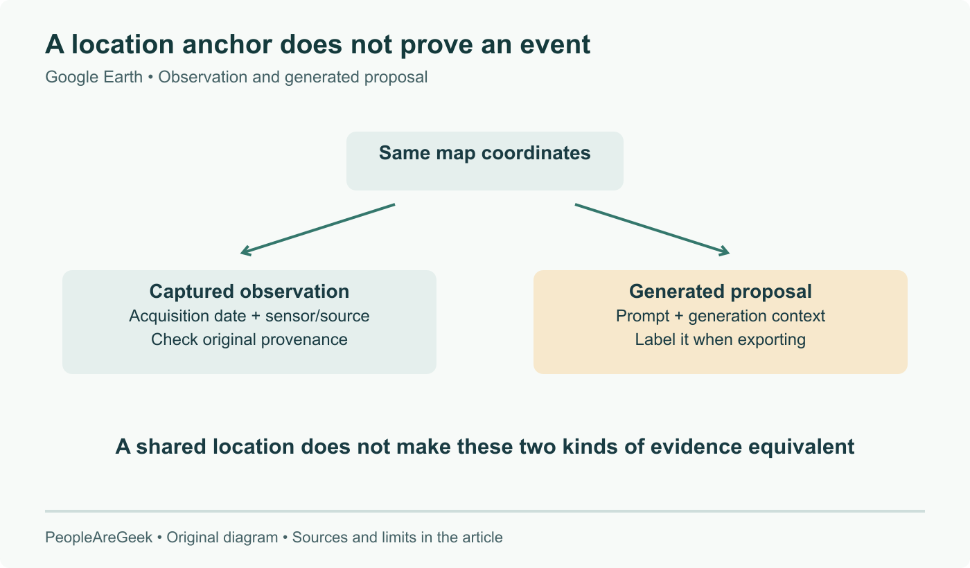 A coordinate locates a scene, while acquisition date and capture source describe an observation. A generated proposal can use the same coordinate without proving that its depicted event occurred.