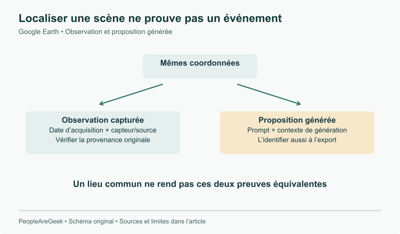 Une coordonnée situe une scène ; date d’acquisition et source décrivent une observation. Une proposition générée peut utiliser la même coordonnée sans prouver l’événement représenté.