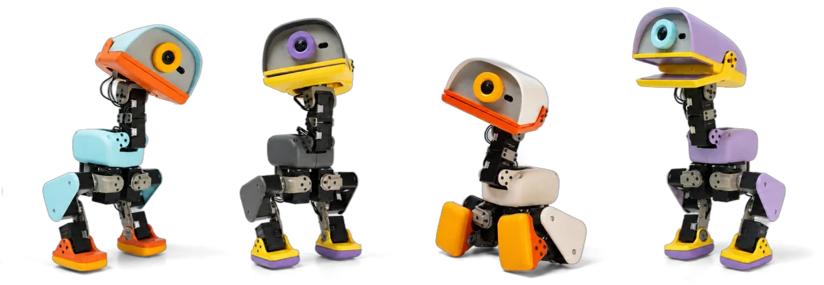Four Microduck robots from Pollen Robotics in different colourways, each a 25 centimetre bipedal robot with a large single camera eye set in a rounded head, a coloured beak, visible servo motors in the legs, and moulded feet.