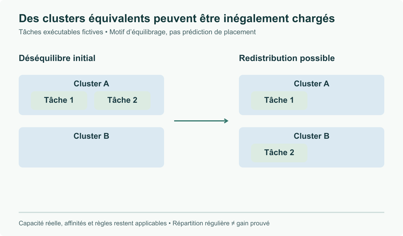 Occupation fictive de clusters équivalents : deux tâches exécutables dans A et aucune dans B, puis une dans chaque. Motif possible d’équilibrage, pas une prédiction de placement Linux ni un gain mesuré.