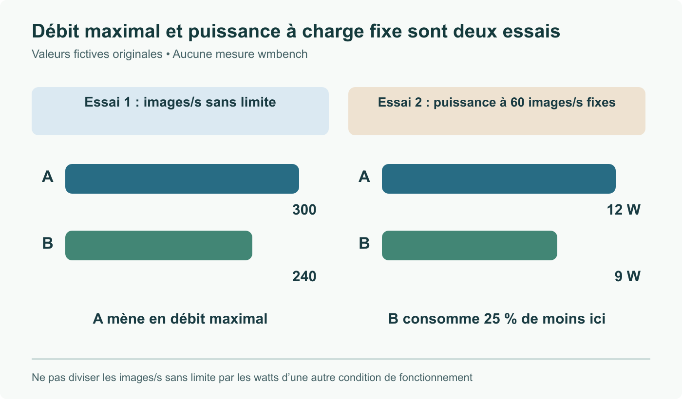 Sessions fictives : A atteint 300 images/s et B 240 sans limite ; dans un autre essai à 60 images/s, A consomme 12 W et B 9 W, soit 25 % de moins. Ne pas diviser des valeurs issues de ces conditions différentes.
